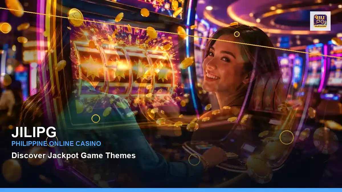 JILIPG luxury online slot games featuring an adult Filipina casino host with a layered collage composition — view 2